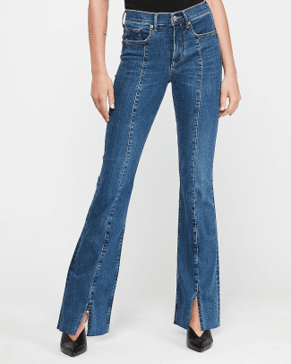 jeans express-vita alta-denim-perfetta-cucitura-fronte-spacco-bootcut-jeans