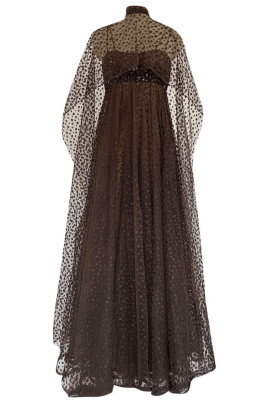 Alfred Bosand iz 1960. Temno rjava mrežasta obleka iz svilene mreže z bleščicami z bleščicami z ujemajočo se ogrinjalo