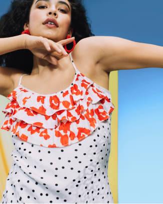 RIXO for Target 폴카 도트 민소매 러플 슬립 드레스 in 화이트_$50
