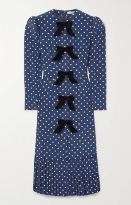 Alessandra Rich Bow-koristeellinen pilkullinen silkkinen kreppidea chine -midi-mekko Netaporter