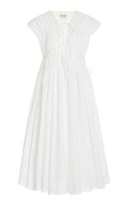 فستان ميدي من القطن العضوي بكسرات كبيرة - أبيض - سيرس