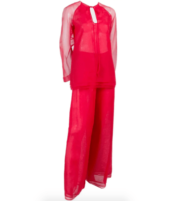 1970 के दशक के स्टीफन बुरोज़ रेड शिफॉन इवनिंग पैंटसूट एन्सेम्बल ड्रेस अल्टरनेटिव